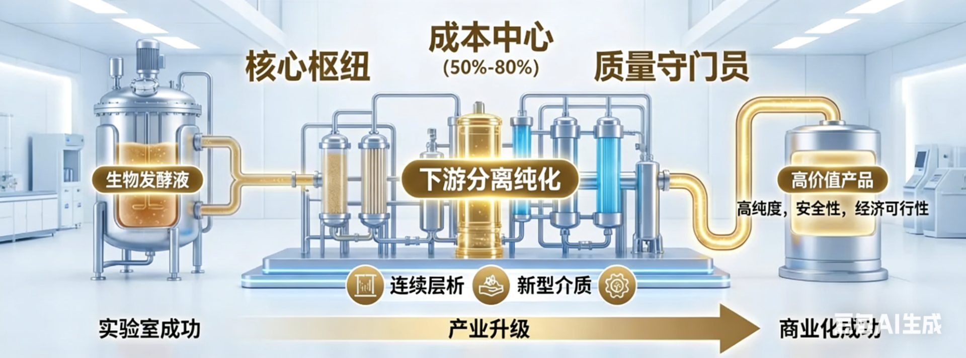 下游分离纯化流程：核心枢纽 / 成本中心 50-80% / 质量守门员