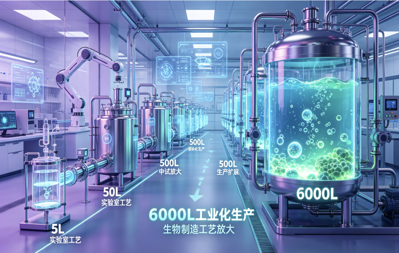 生物制造工艺放大：5L 实验室 → 50L → 500L → 6000L 工业化生产